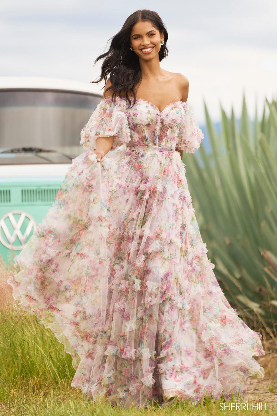 Sherri Hill Tulle Floral Print Gown With Sheer Corset Bodice Ruffle Embellishments And Ballon Sleeves