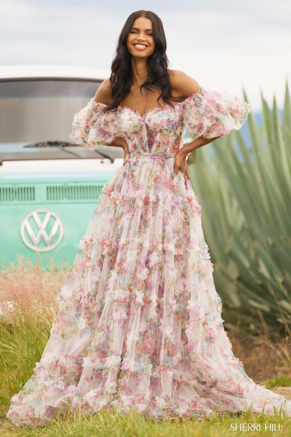 Sherri Hill Tulle Floral Print Gown With Sheer Corset Bodice Ruffle Embellishments And Ballon Sleeves