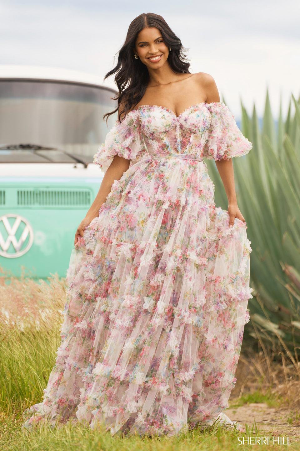 Sherri Hill Tulle Floral Print Gown With Sheer Corset Bodice Ruffle Embellishments And Ballon Sleeves