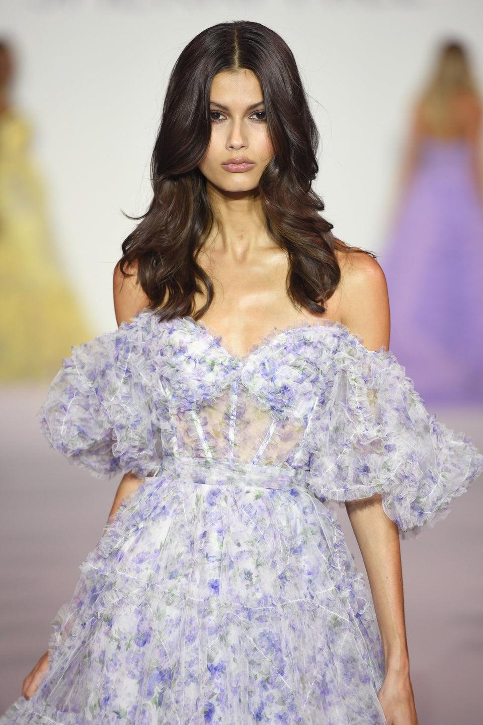 sherri hill Tulle floral print gown with sheer corset bodice ruffle embellishments and ballon sleeves