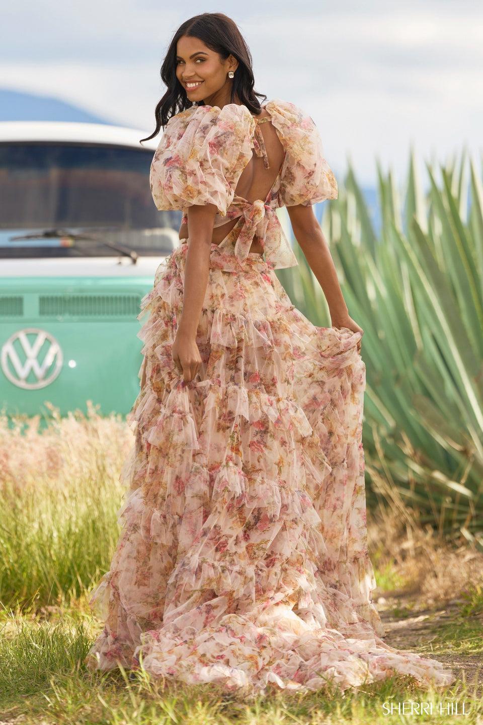 Sherri Hill Tulle Floral Print Two-piece Gown With Ballon Sleeves Bodysuit Ruffle Skirt With High Slit