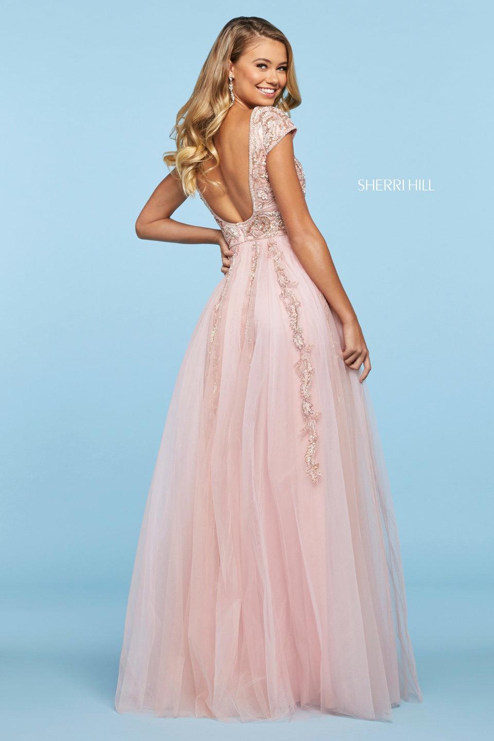 Sherri Hill Tulle Gown With Beaded Applique Cap Sleeve Bodice With Straight Neckline