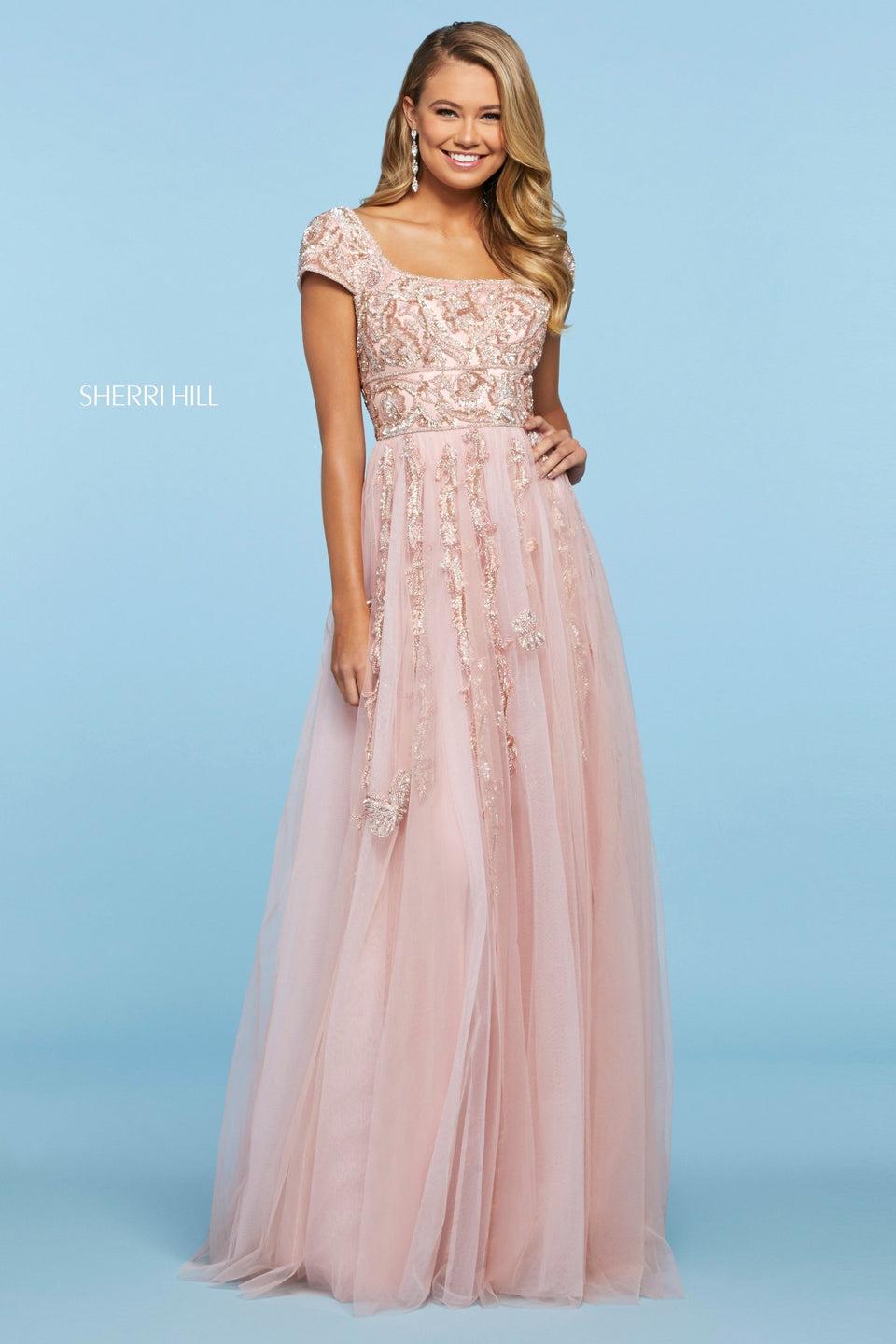 sherri hill Tulle gown with beaded applique cap sleeve bodice with straight neckline