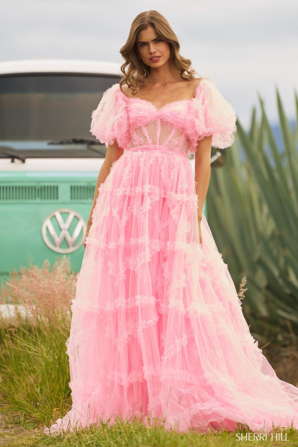 Sherri Hill Tulle Gown With Sheer Corset Bodice Ruffle Embellishments And Ballon Sleeves