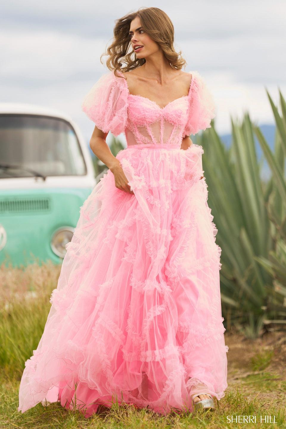 Sherri Hill Tulle Gown With Sheer Corset Bodice Ruffle Embellishments And Ballon Sleeves