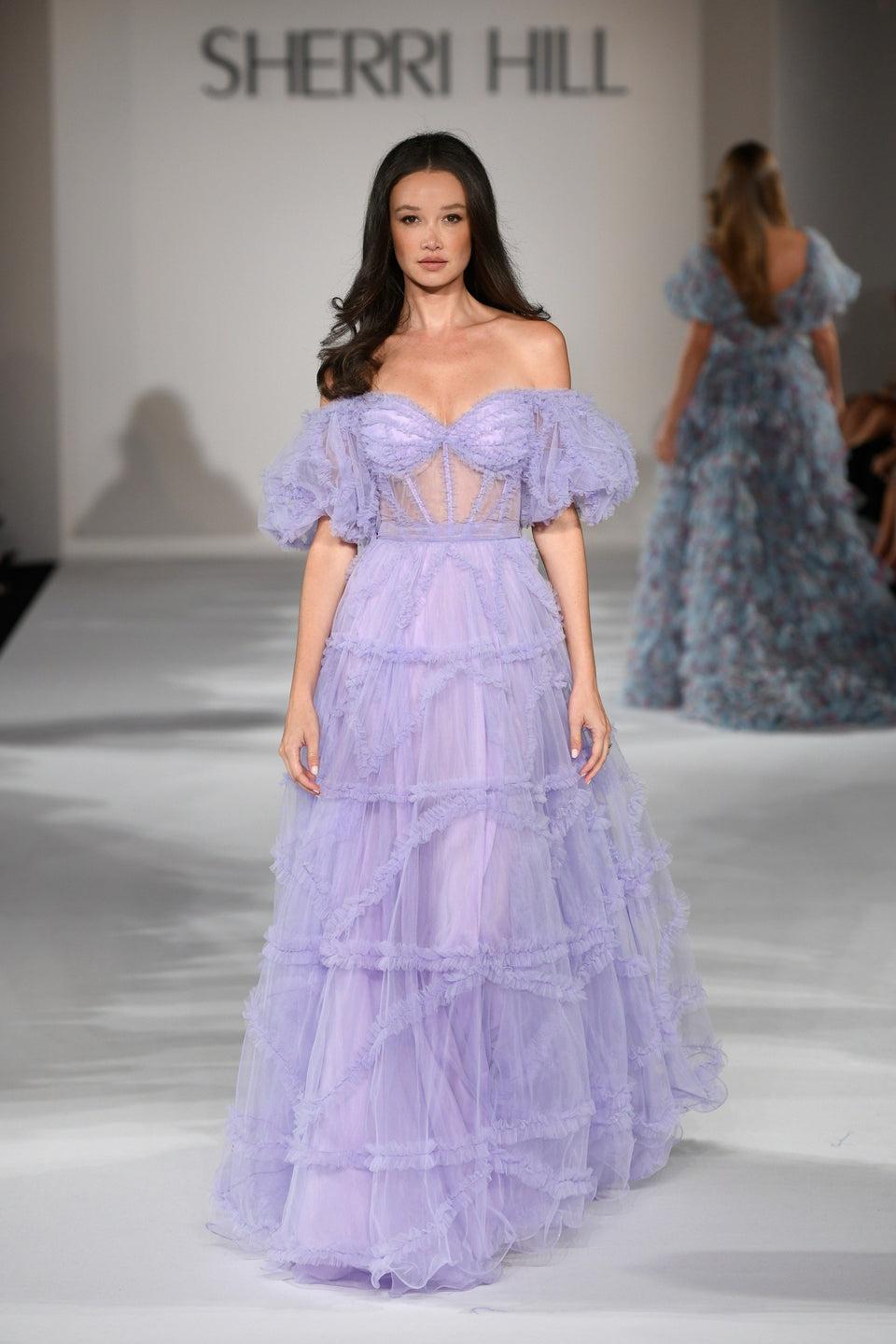 Sherri Hill Tulle Gown With Sheer Corset Bodice Ruffle Embellishments And Ballon Sleeves