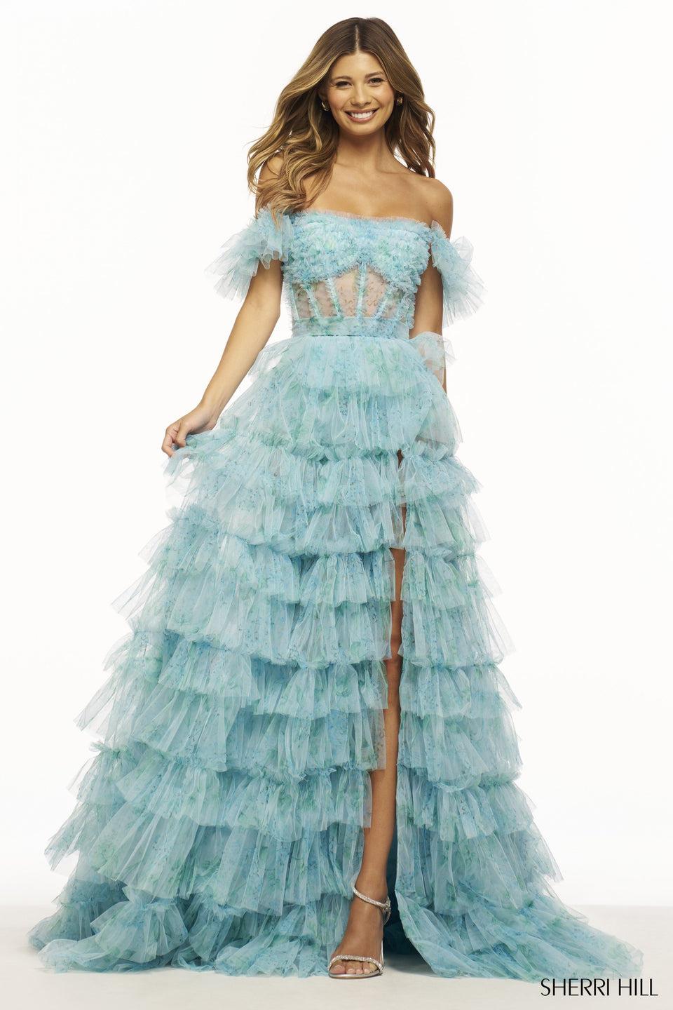 Sherri Hill Tulle Gown With Sheer Corset Bodice Ruffle Embellishments Lace Up Back And High Skirt Slit