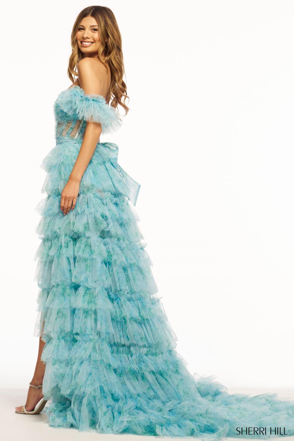Sherri Hill Tulle Gown With Sheer Corset Bodice Ruffle Embellishments Lace Up Back And High Skirt Slit