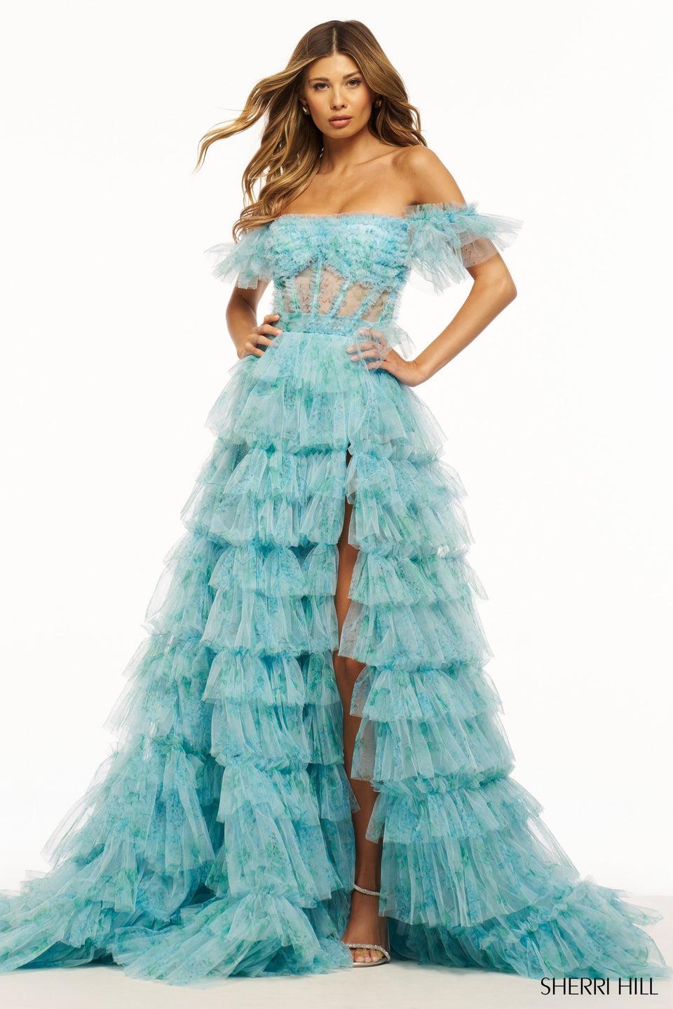 Sherri Hill Tulle Gown With Sheer Corset Bodice Ruffle Embellishments Lace Up Back And High Skirt Slit