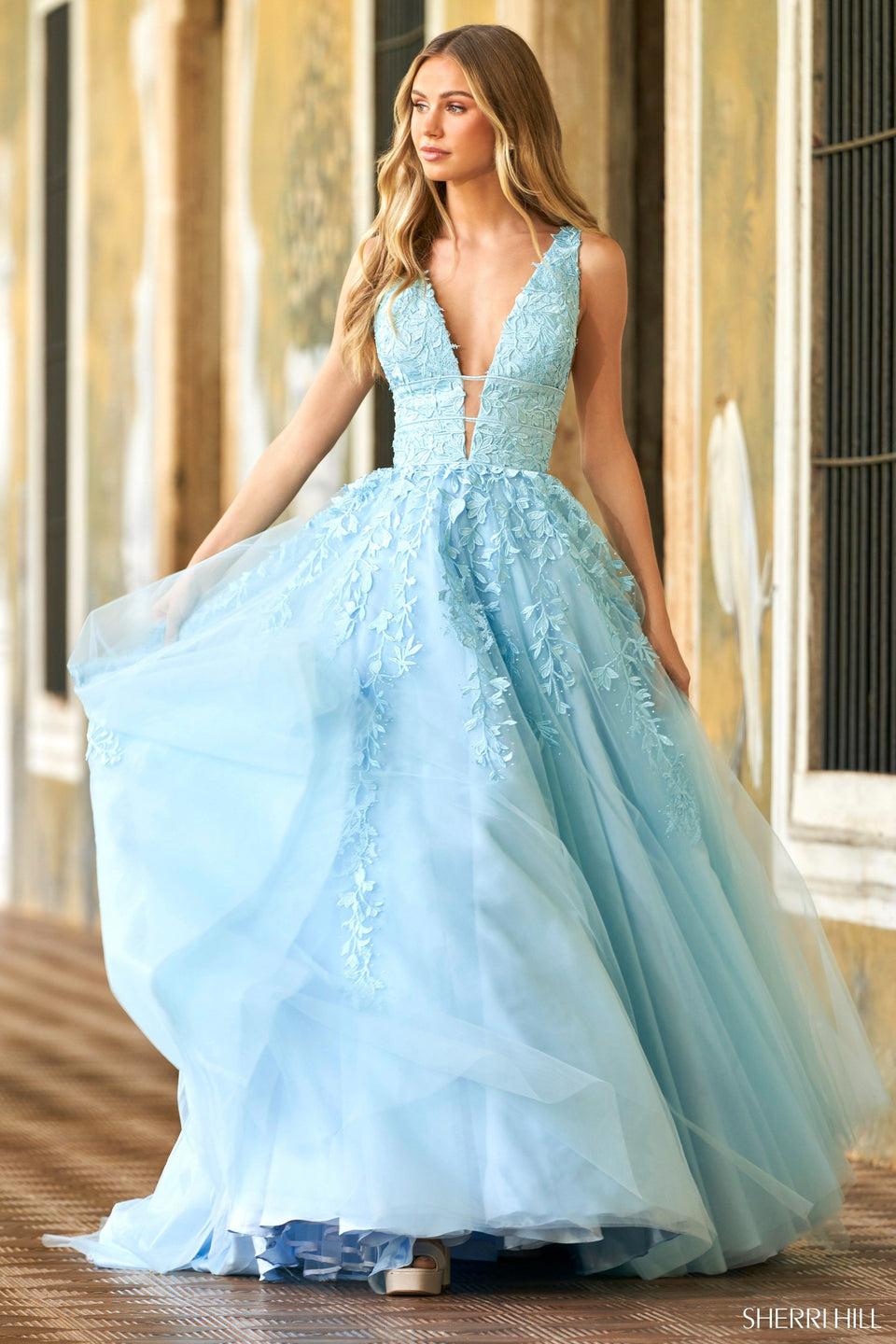 Sherri Hill Tulle Leaf Lace Embroidered Ball Gown With Deep V- Neckline