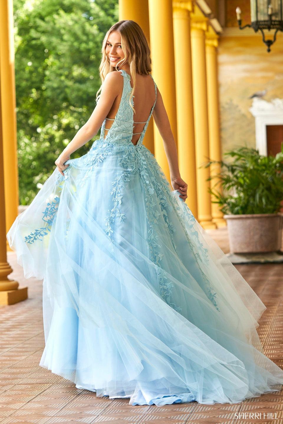 Sherri Hill Tulle Leaf Lace Embroidered Ball Gown With Deep V- Neckline
