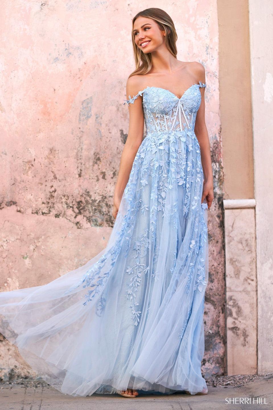 Sherri Hill Tulle Leaf Lace Embroidered Gown With Sheer Corset Sweetheart Neckline Off The Shoulder Leaf Lace And Skirt Slit