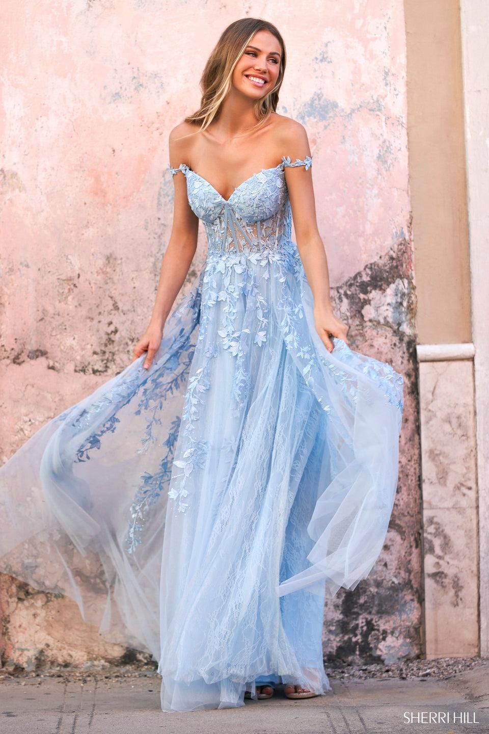 sherri hill Tulle leaf lace embroidered gown with sheer corset sweetheart neckline off the shoulder leaf lace and skirt slit