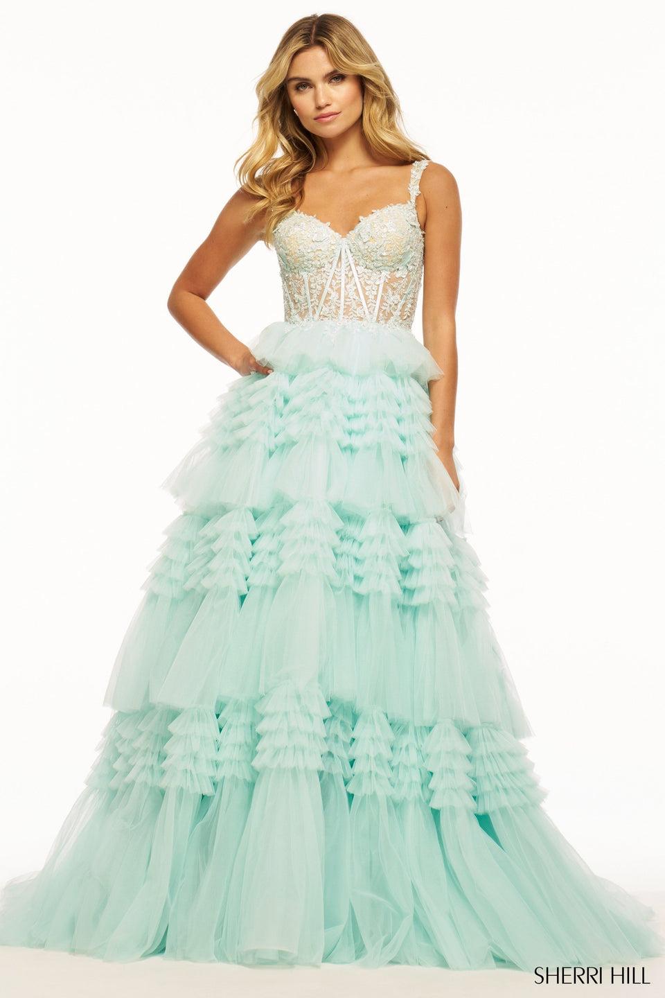 Sherri Hill Tulle Ruffle Ballgown With Lace Corset Bodice