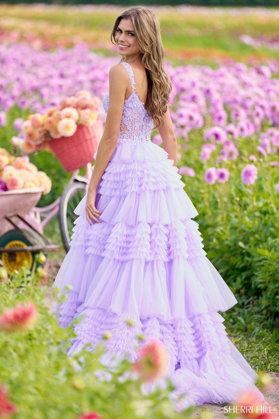 Sherri Hill Tulle Ruffle Ballgown With Lace Corset Bodice
