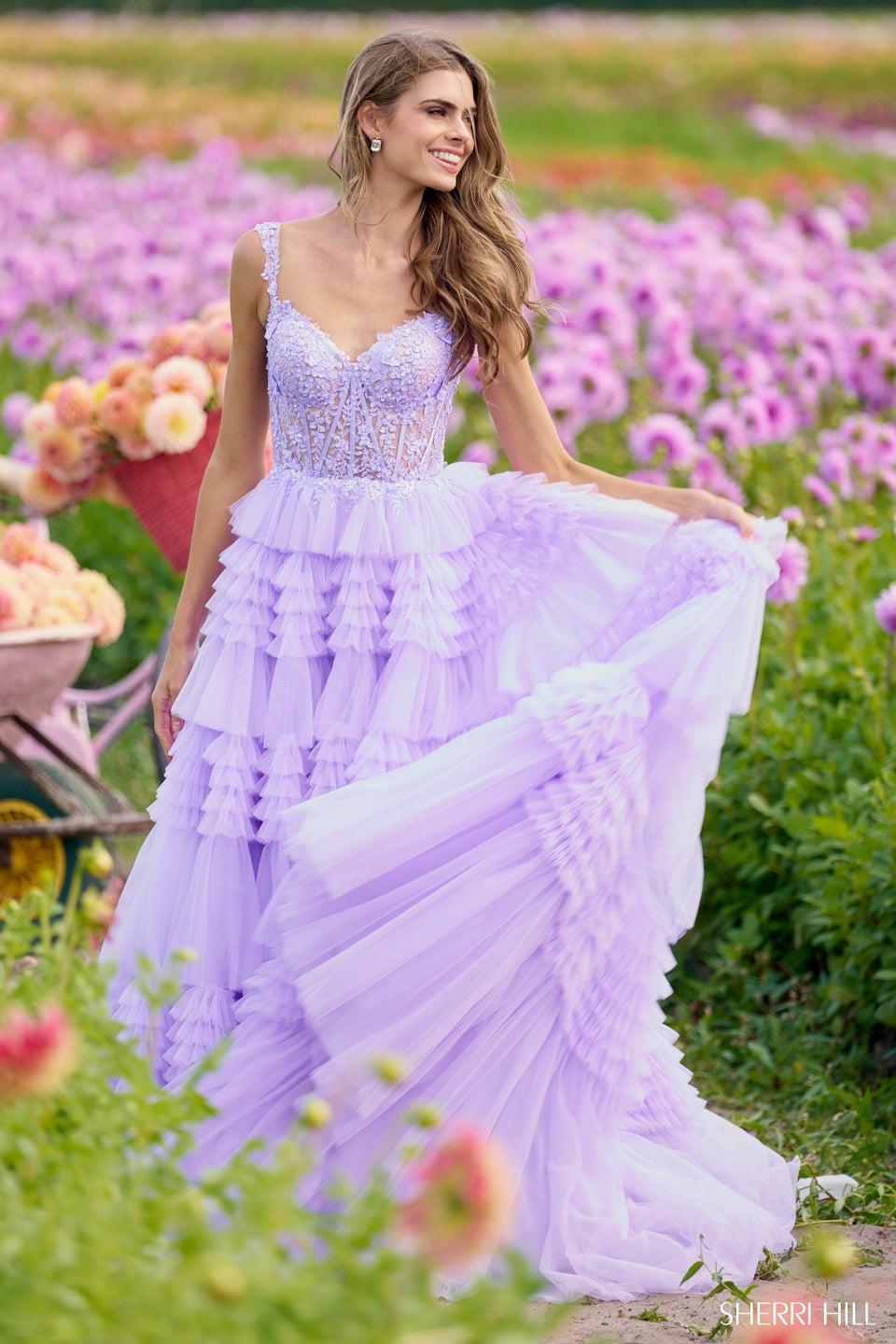 sherri hill Tulle ruffle ballgown with lace corset bodice