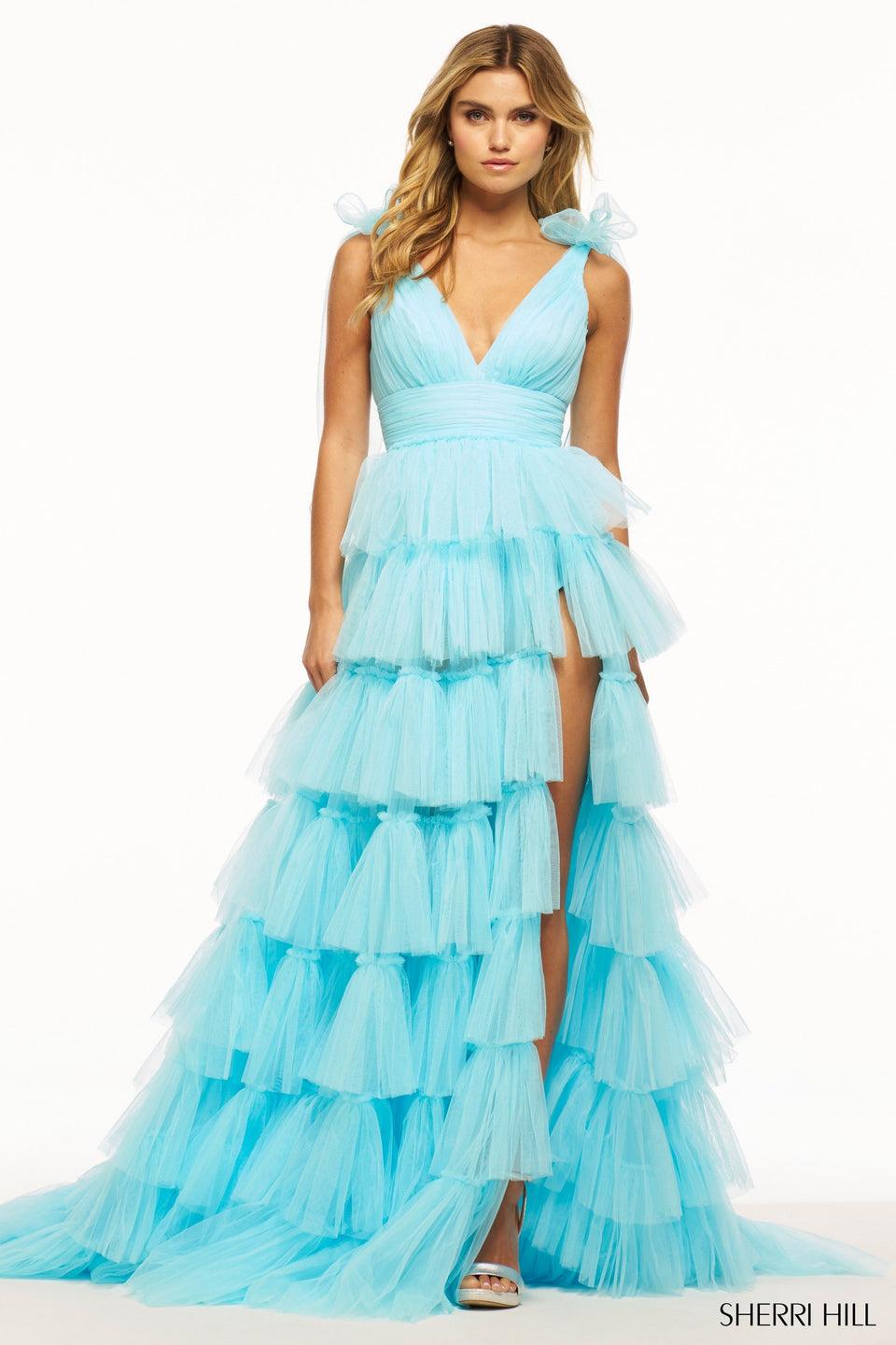 Sherri Hill Tulle Ruffle Ballgown With V-Neckline Tulle Bows On Shoulder Sleeve And Skirt Slit