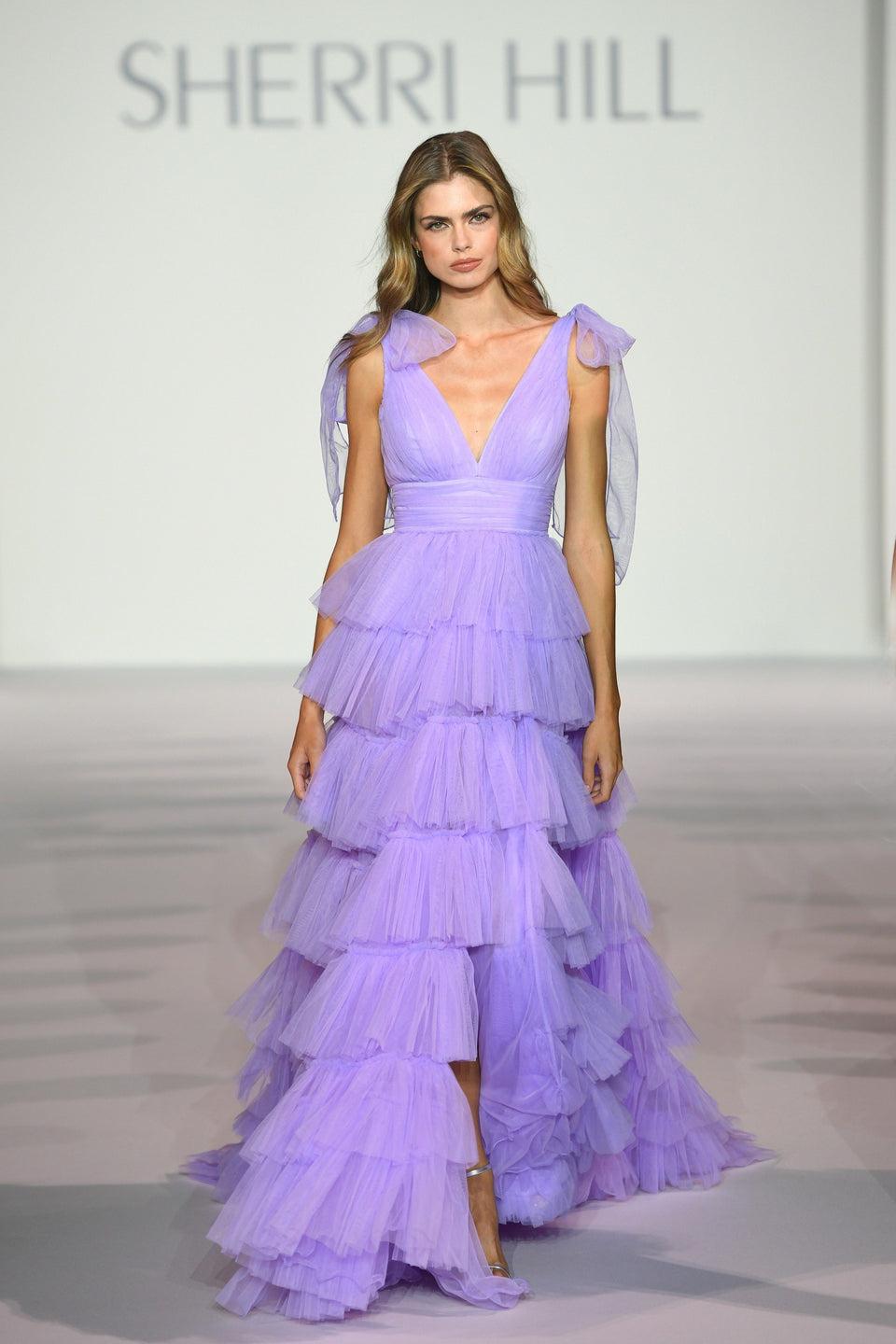 Sherri Hill Tulle Ruffle Ballgown With V-Neckline Tulle Bows On Shoulder Sleeve And Skirt Slit
