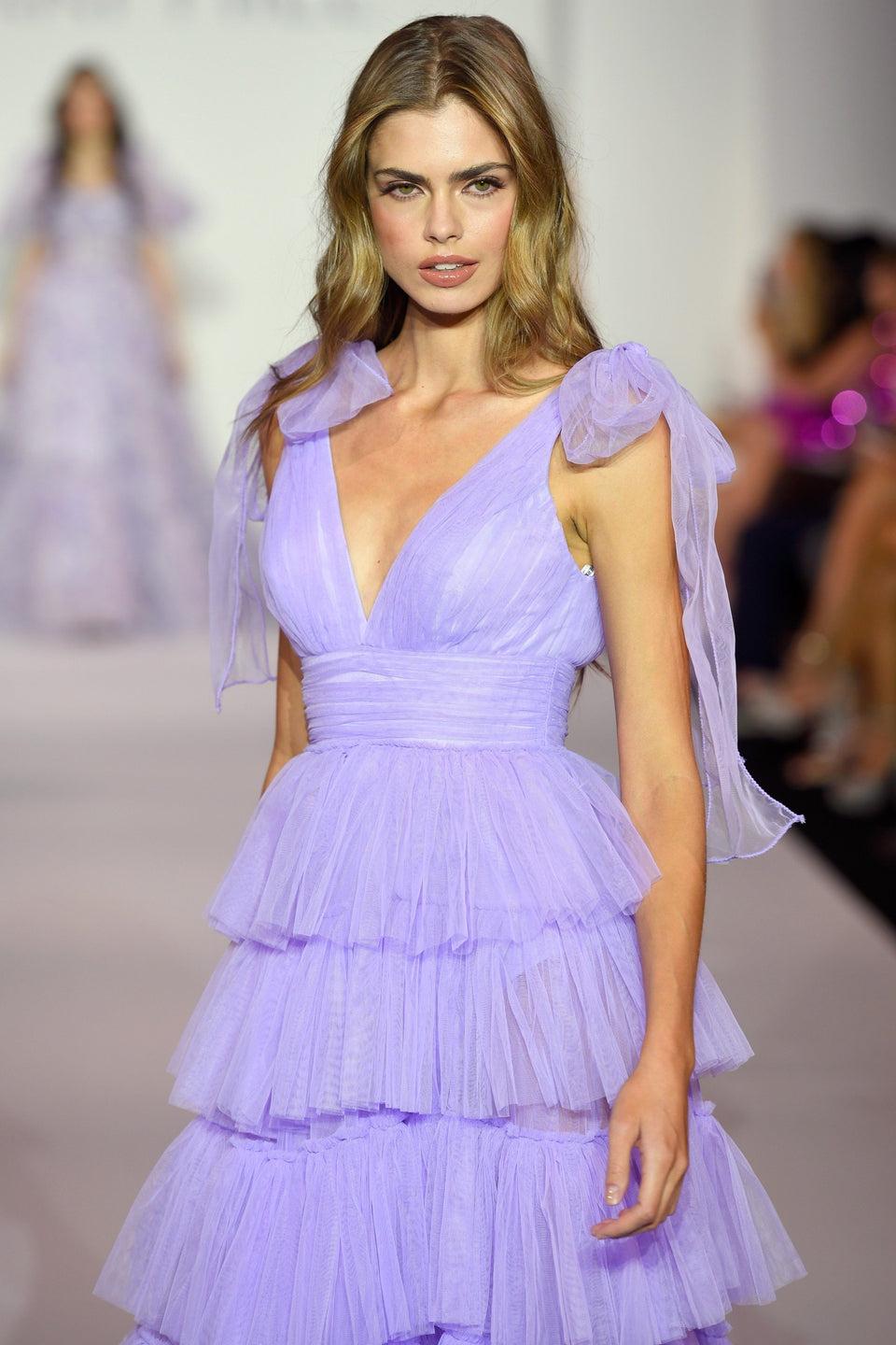 sherri hill Tulle ruffle ballgown with V-Neckline tulle bows on shoulder sleeve and skirt slit