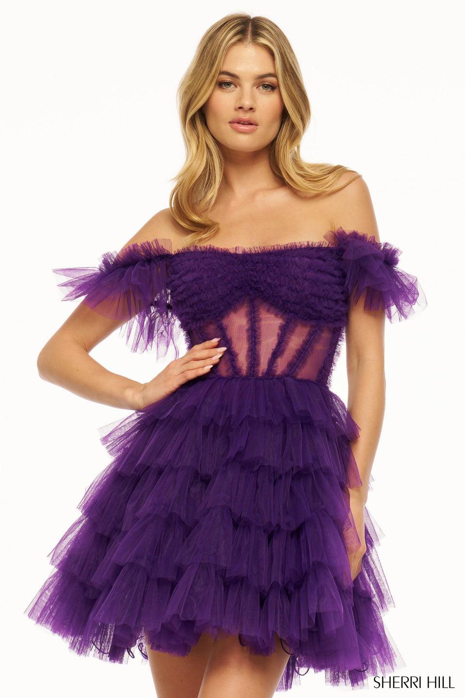 sherri hill Tulle ruffle cocktail dress with sheer corset and lace up back