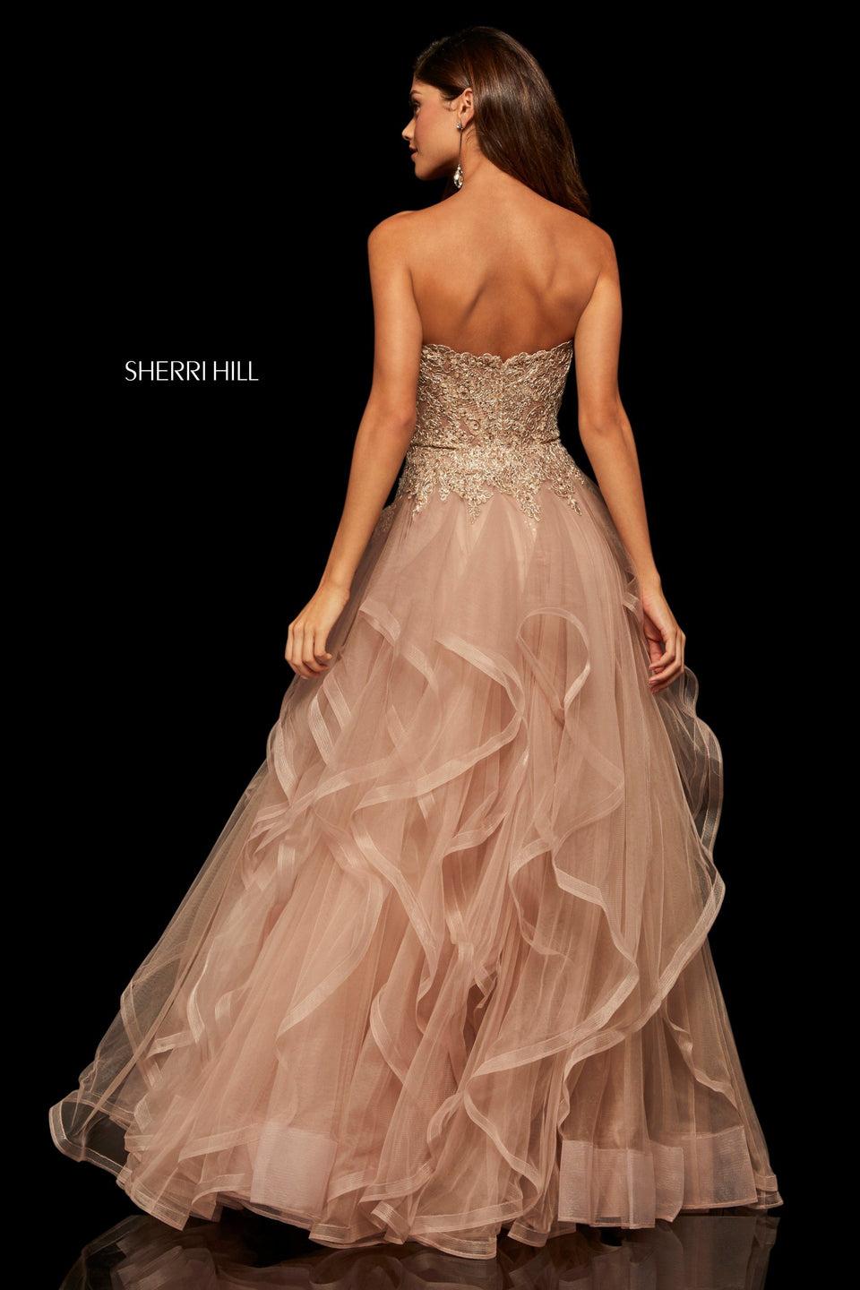 Sherri Hill Tulle Ruffle Skirt Ball Gown With A Metallic Lace Strapless Bodice
