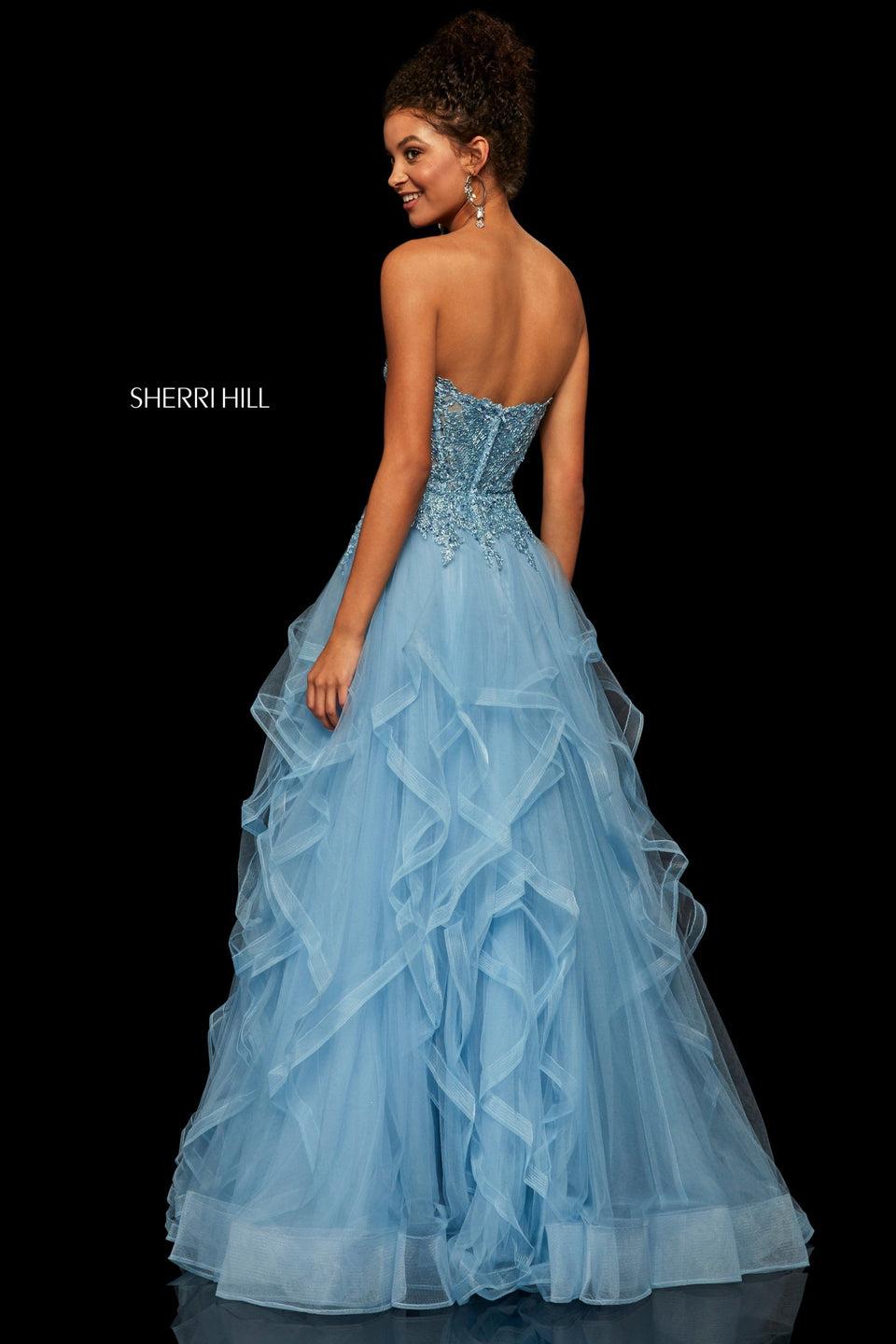 Sherri Hill Tulle Ruffle Skirt Ball Gown With A Metallic Lace Strapless Bodice