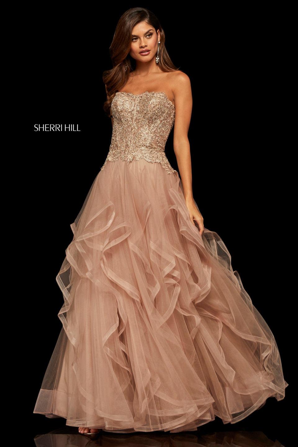 sherri hill Tulle ruffle skirt ball gown with a metallic lace strapless bodice