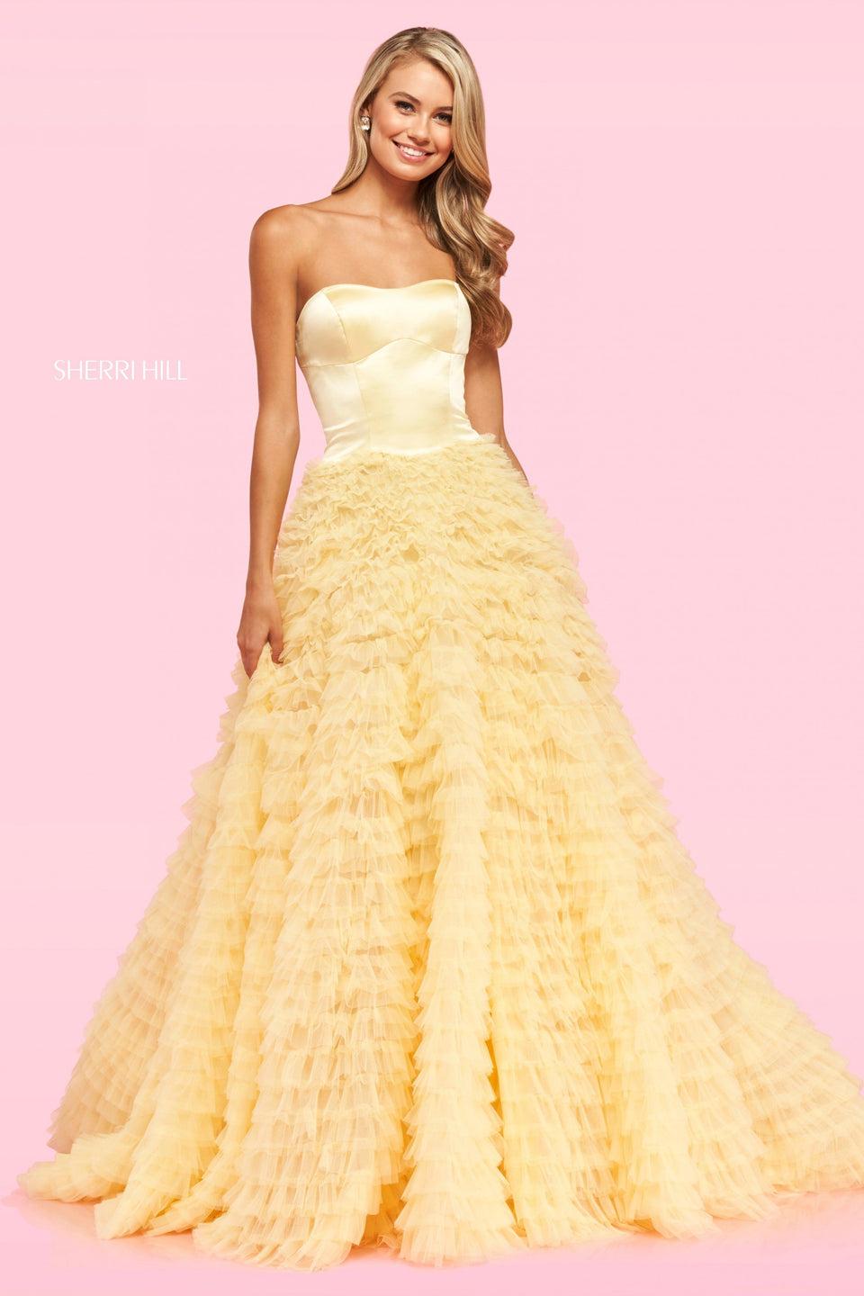 sherri hill Tulle ruffle skirt ballgown with a strapless satin neckline