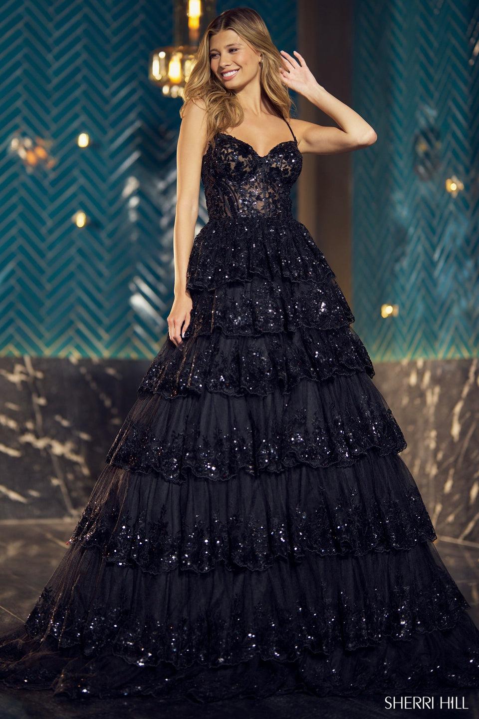 Sherri Hill Tulle Sequin A-Line Ballgown With Sheer Corset Bodice And Ruffle Skirt