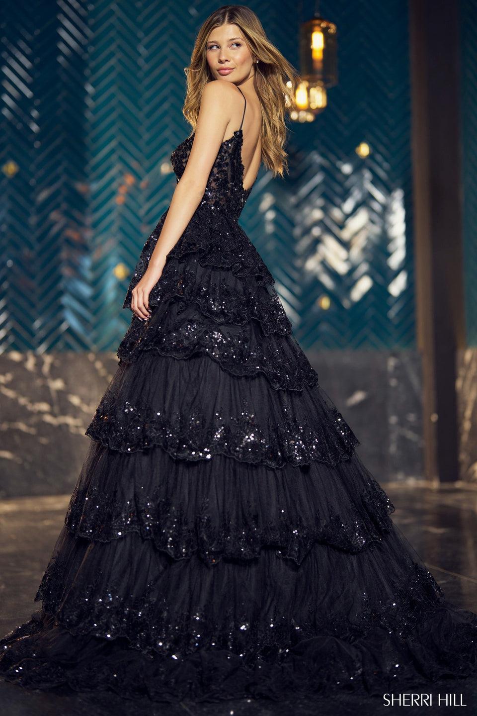 Sherri Hill Tulle Sequin A-Line Ballgown With Sheer Corset Bodice And Ruffle Skirt