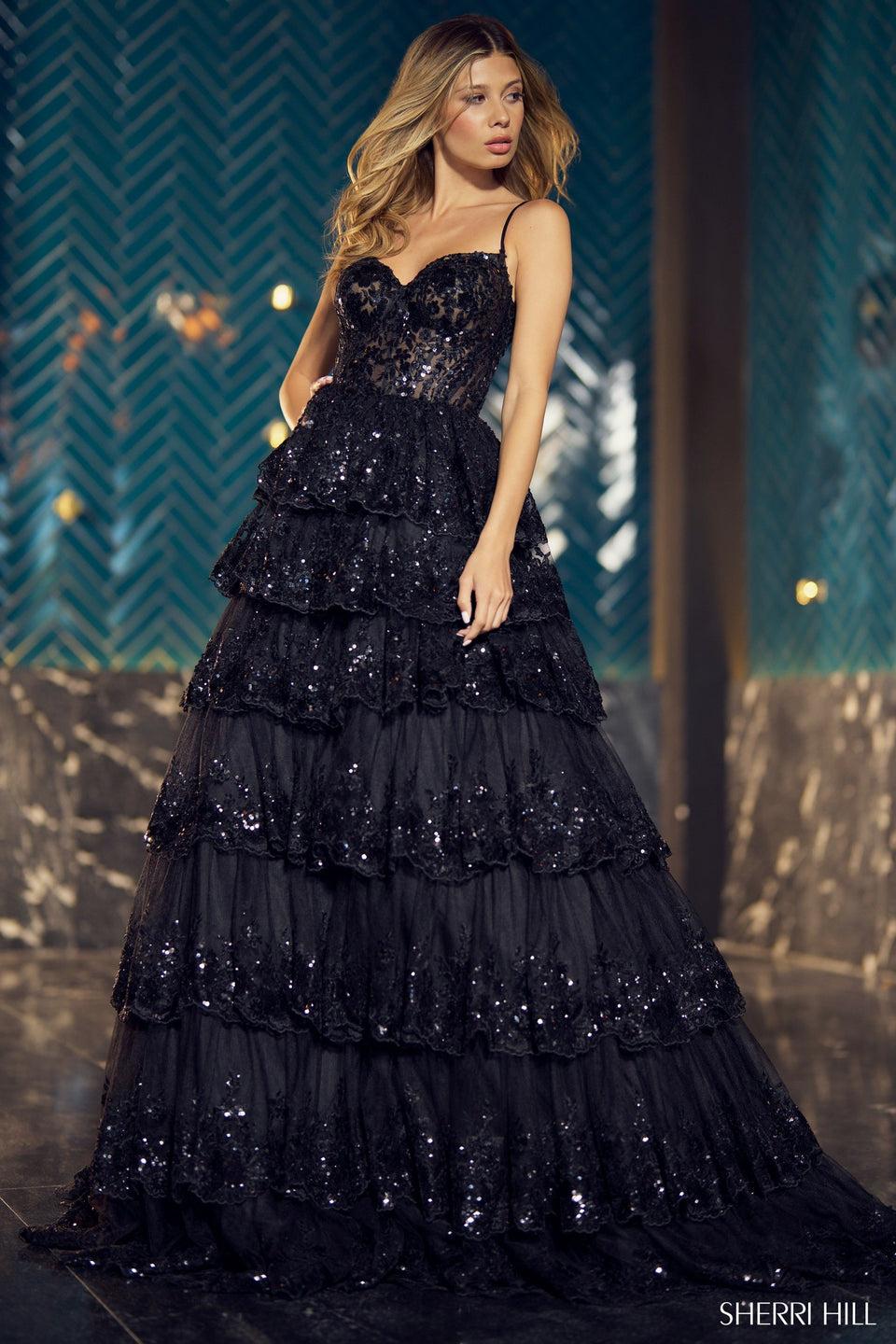 sherri hill Tulle sequin A-Line ballgown with sheer corset bodice and ruffle skirt