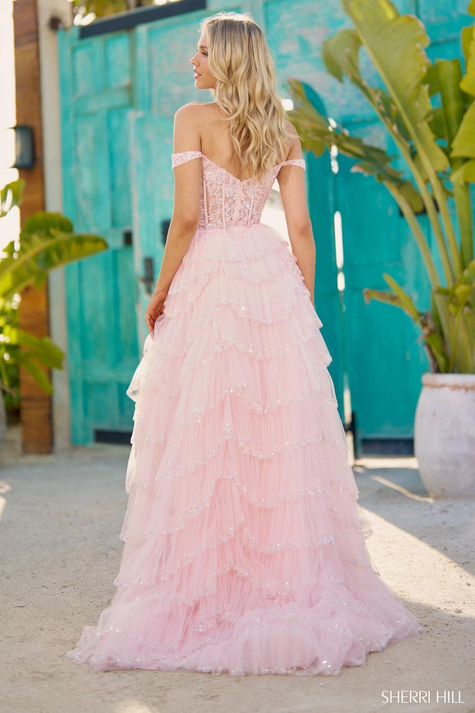 Sherri Hill Tulle Sequin A-Line Gown With Sheer Corset Bodice Off The Shoulder Straps And Ruffle High Slit Skirt