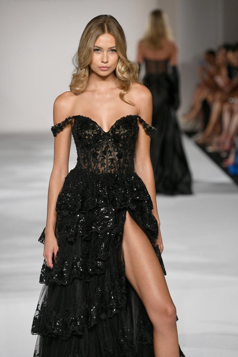 sherri hill Tulle sequin A-Line gown with sheer corset bodice off the shoulder straps and ruffle high slit skirt