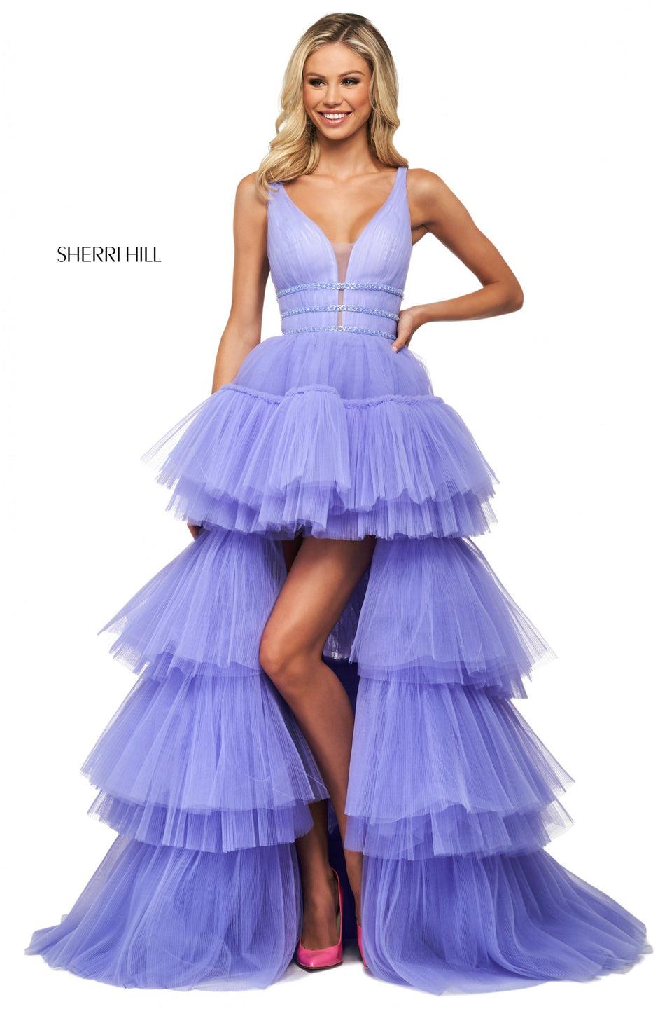 sherri hill Tulle tiered high-low dress with ruched bodice plunging neckline low back and beaded triple waistband
