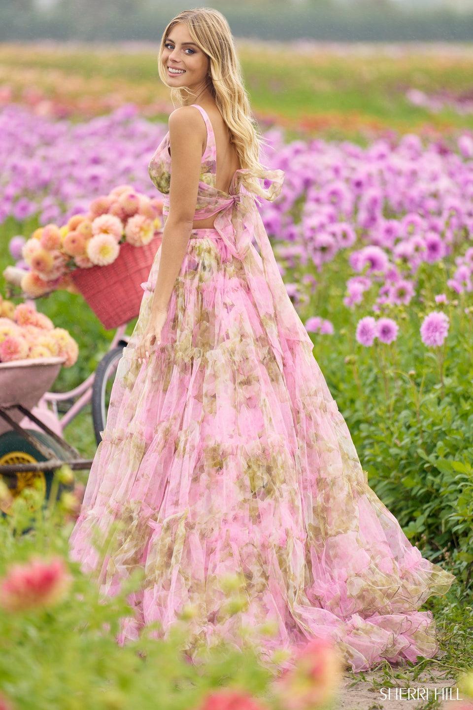 Sherri Hill Tulle Two-piece Floral Gown With Ruffle Skirt