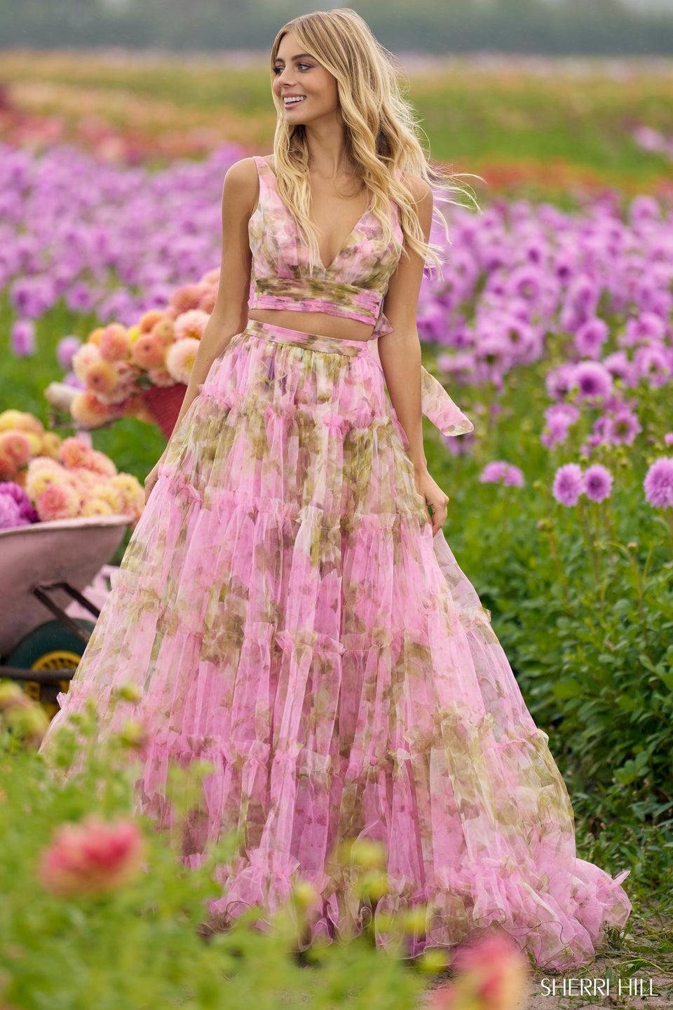 sherri hill Tulle two-piece floral gown with ruffle skirt