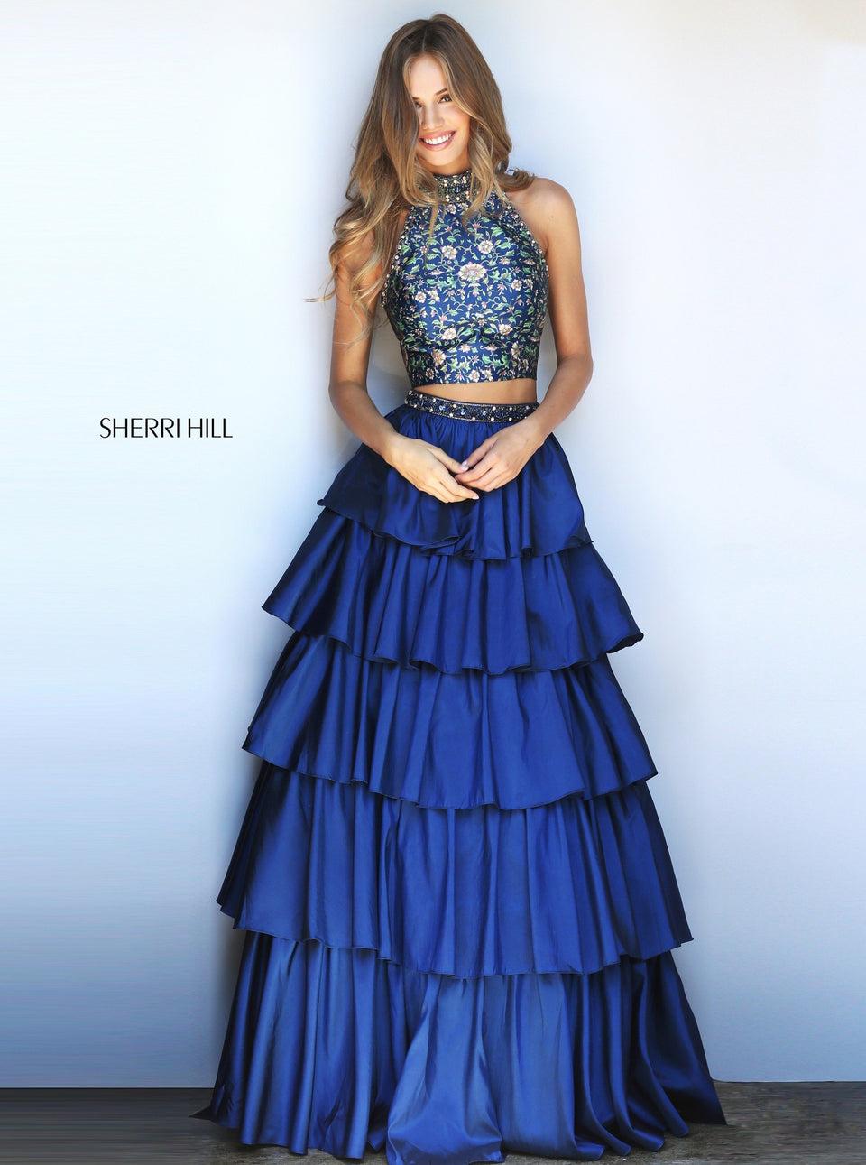 Sherri Hill Two-piece A-line Gown With A Tiered Skirt And A Printed Bodice