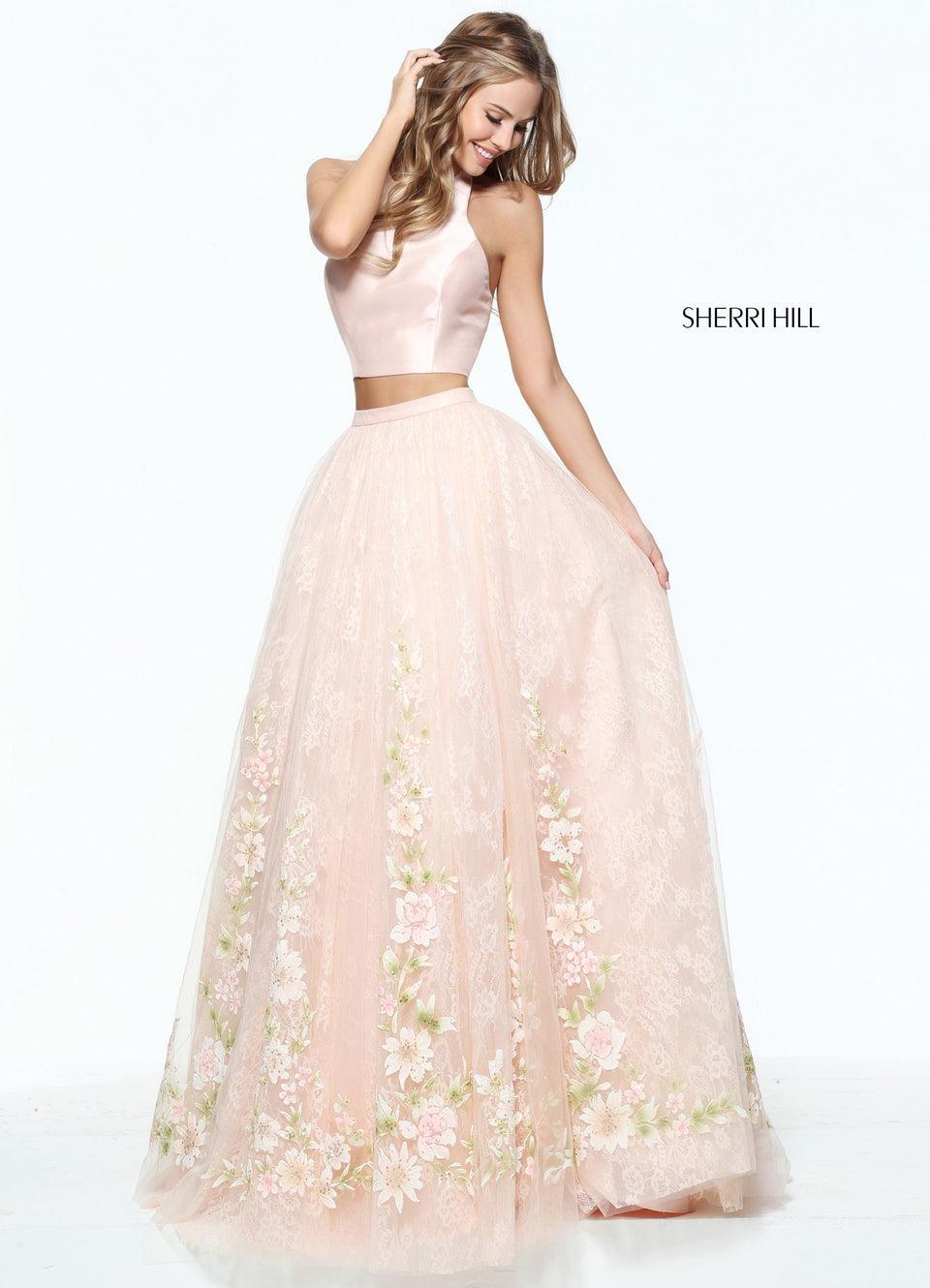 Sherri Hill Two-piece A-line Gown With Lace And Painted Floral Tulle Skirt