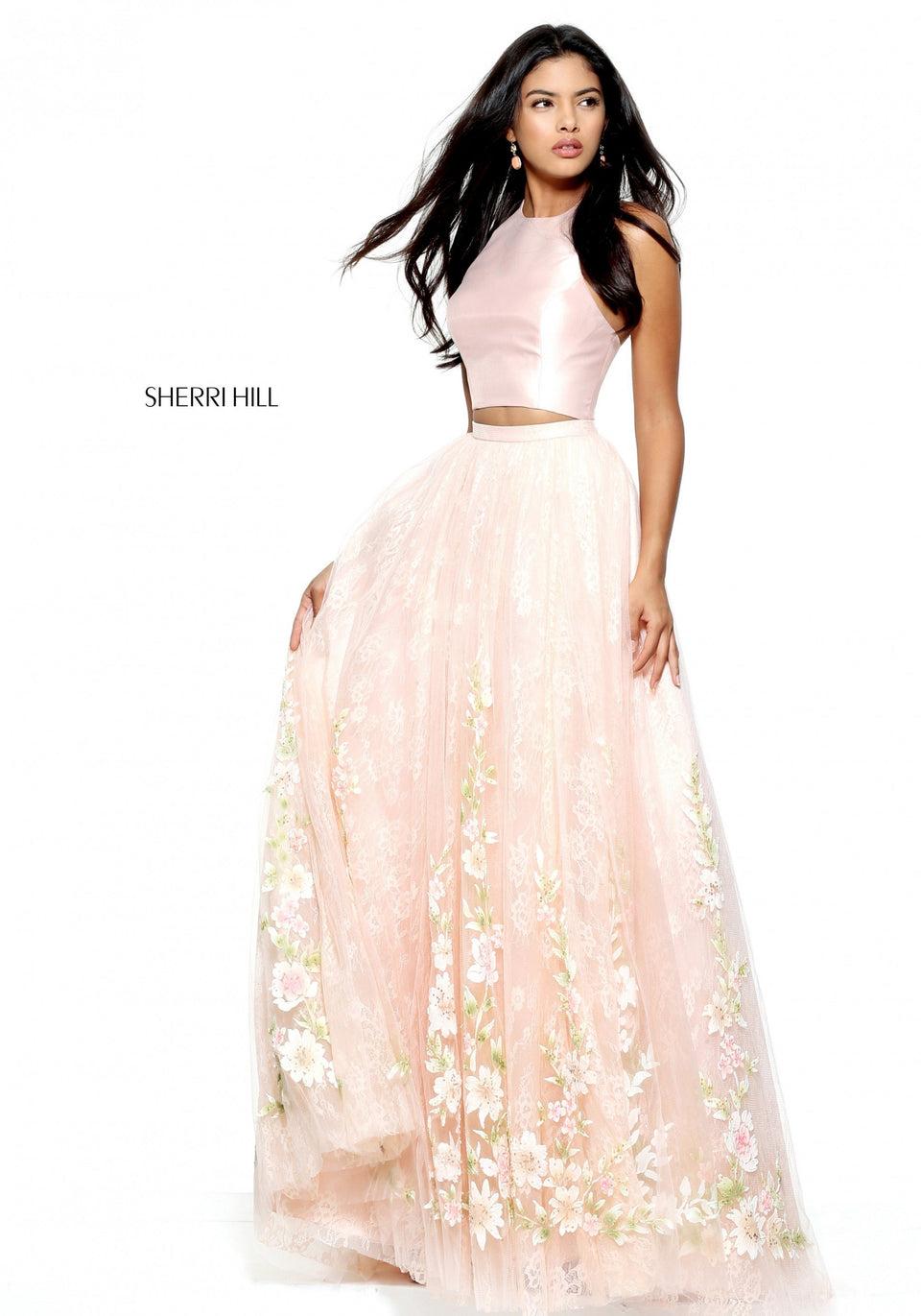 Sherri Hill Two-piece A-line Gown With Lace And Painted Floral Tulle Skirt