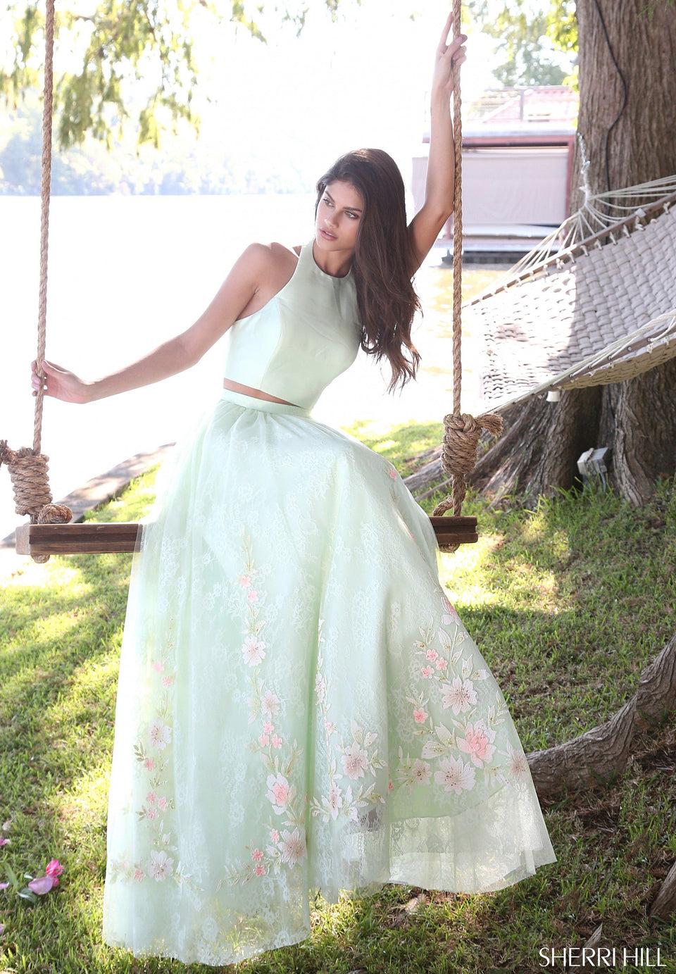 sherri hill Two-piece A-line gown with lace and painted floral tulle skirt