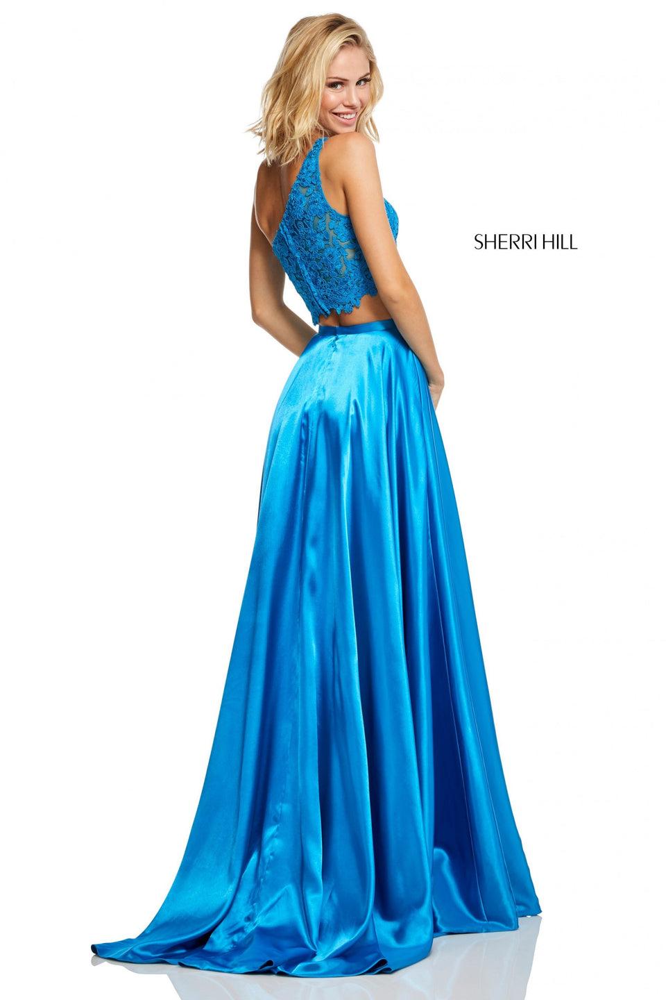 Sherri Hill Two-piece A-line With Charmeuse Skirt With Slit And One-shoulder Lace Bodice