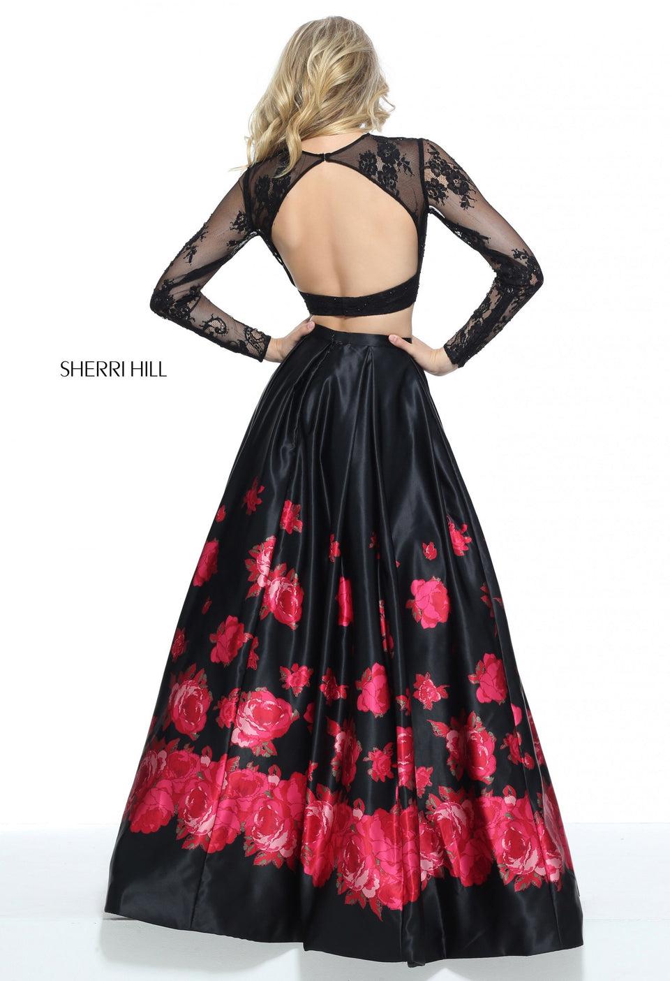Sherri Hill Two-piece Ball Gown With A Long Sleeve Lace Bodice And Floral Print Skirt