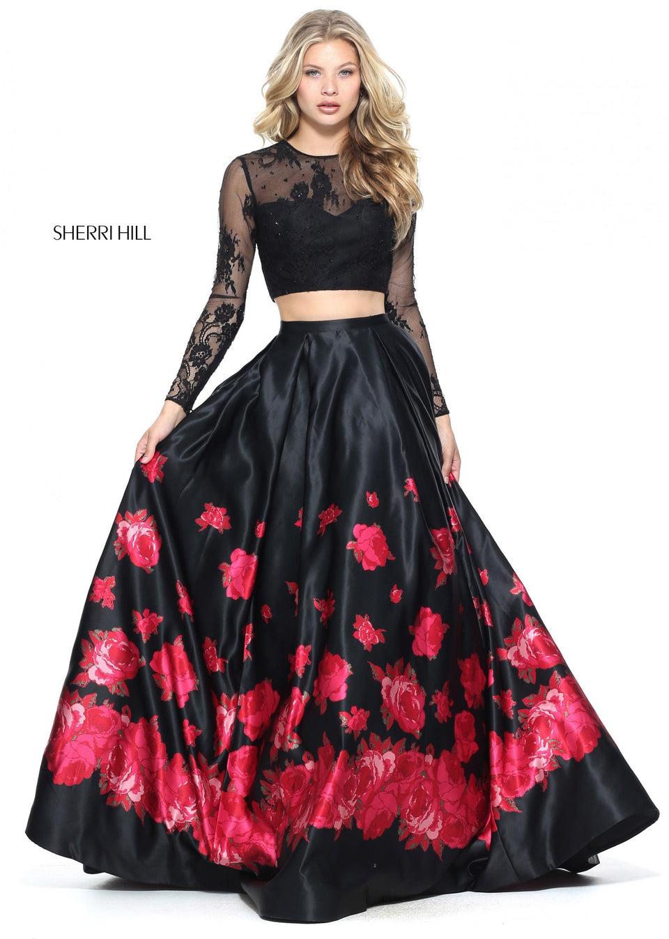 Sherri Hill Two-piece Ball Gown With A Long Sleeve Lace Bodice And Floral Print Skirt