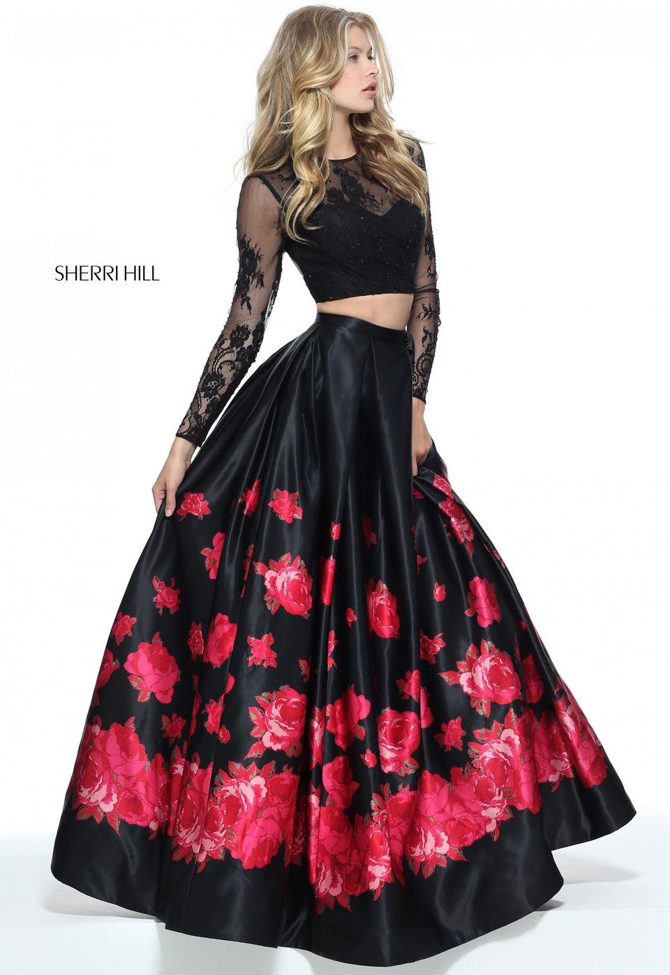 sherri hill Two-piece ball gown with a long sleeve lace bodice and floral print skirt