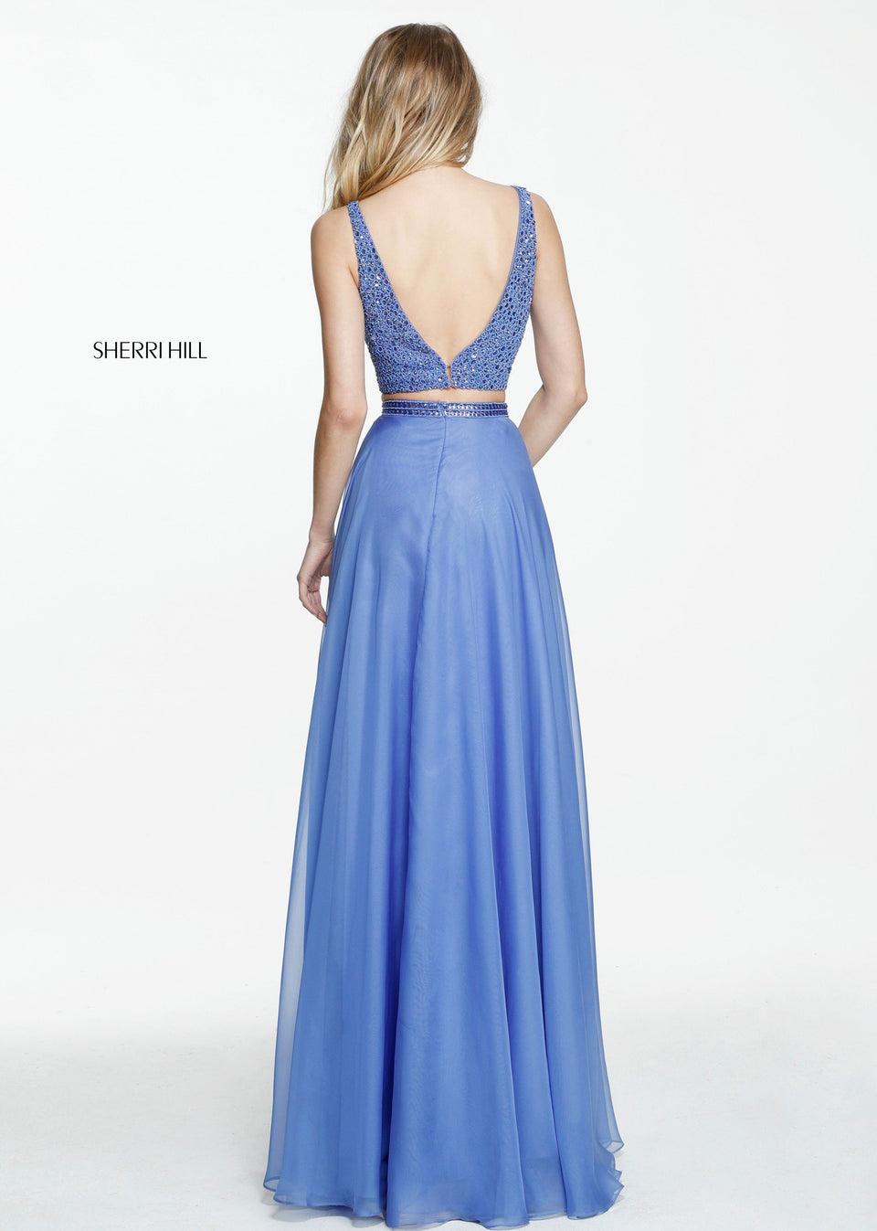 Sherri Hill Two Piece Beaded Deep V Bodice With Chiffon Skirt With Beaded Belt