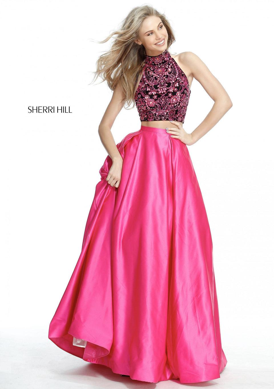 Sherri Hill Two Piece Beaded Halter Bodice With Keyhole Back And Taffeta Ball Gown Skirt