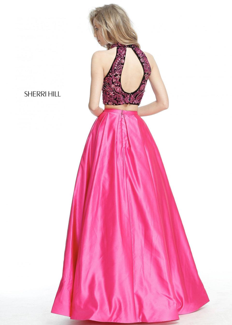 Sherri Hill Two Piece Beaded Halter Bodice With Keyhole Back And Taffeta Ball Gown Skirt