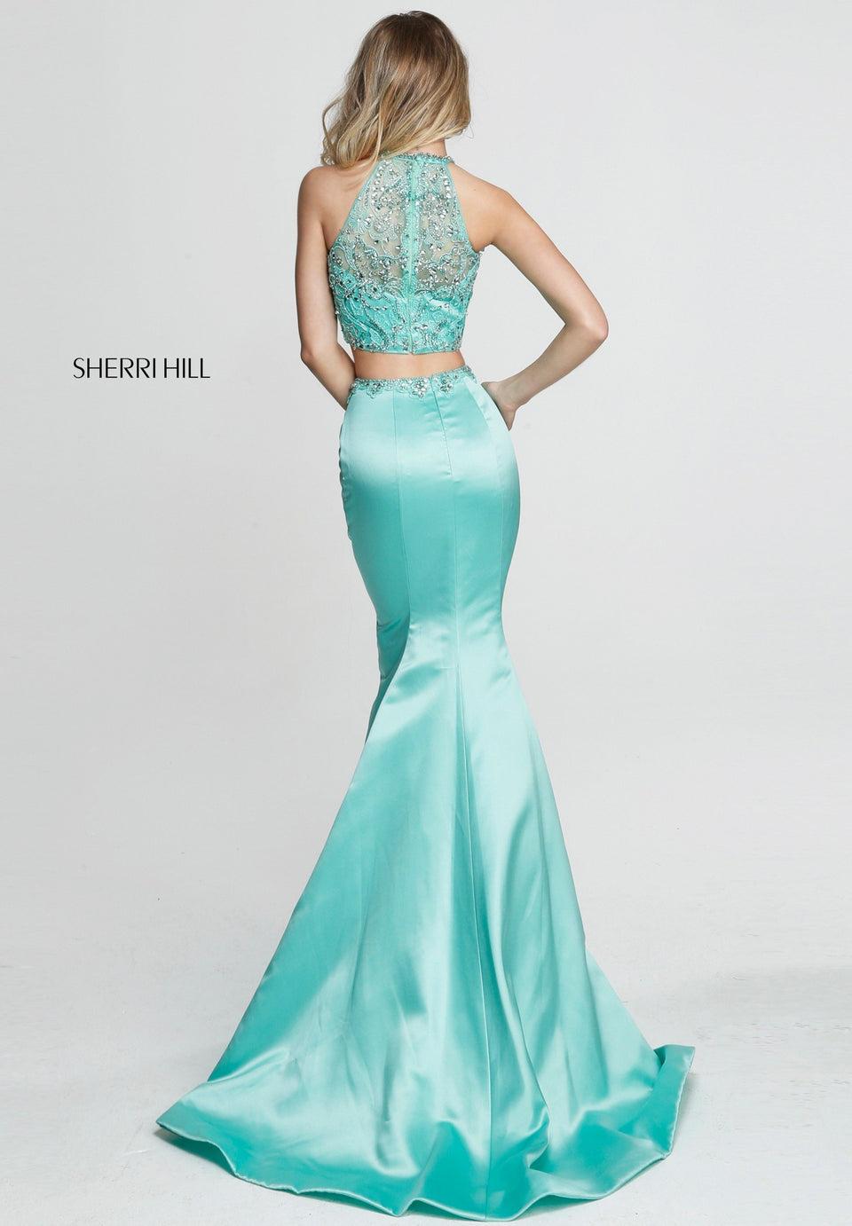 Sherri Hill Two Piece Beaded High Neck Beaded Bodice With Satin Mermaid Skirt With Beaded Waist