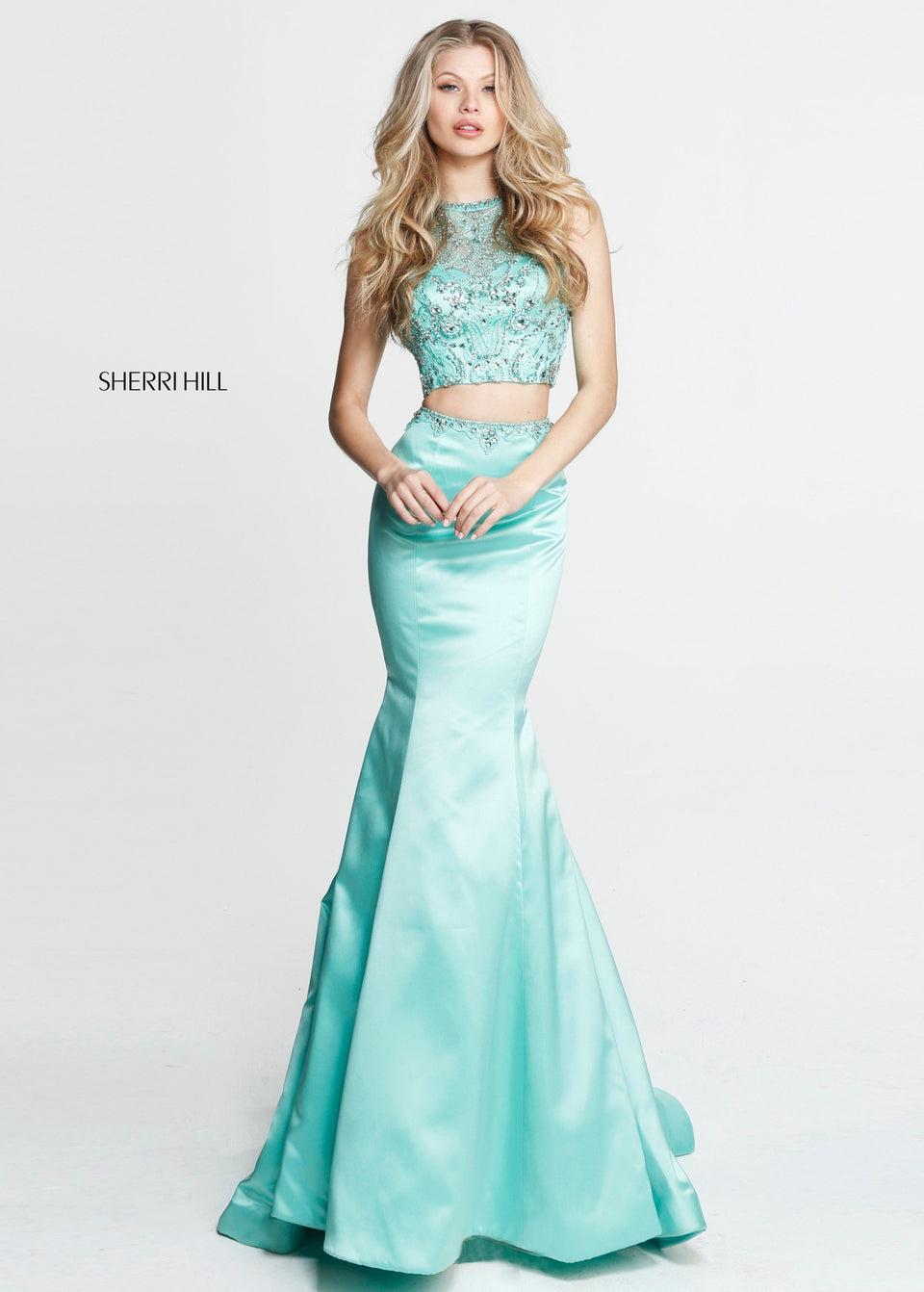 sherri hill Two piece beaded high neck beaded bodice with satin mermaid skirt with beaded waist