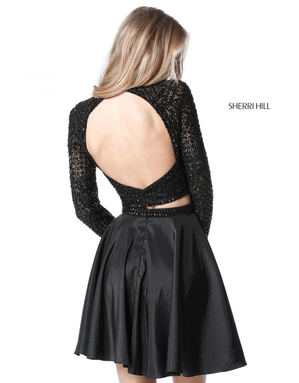 Sherri Hill Two Piece Beaded Long Sleeve Bodice With Cut Out Back And Taffeta A-line Cocktail Skirt